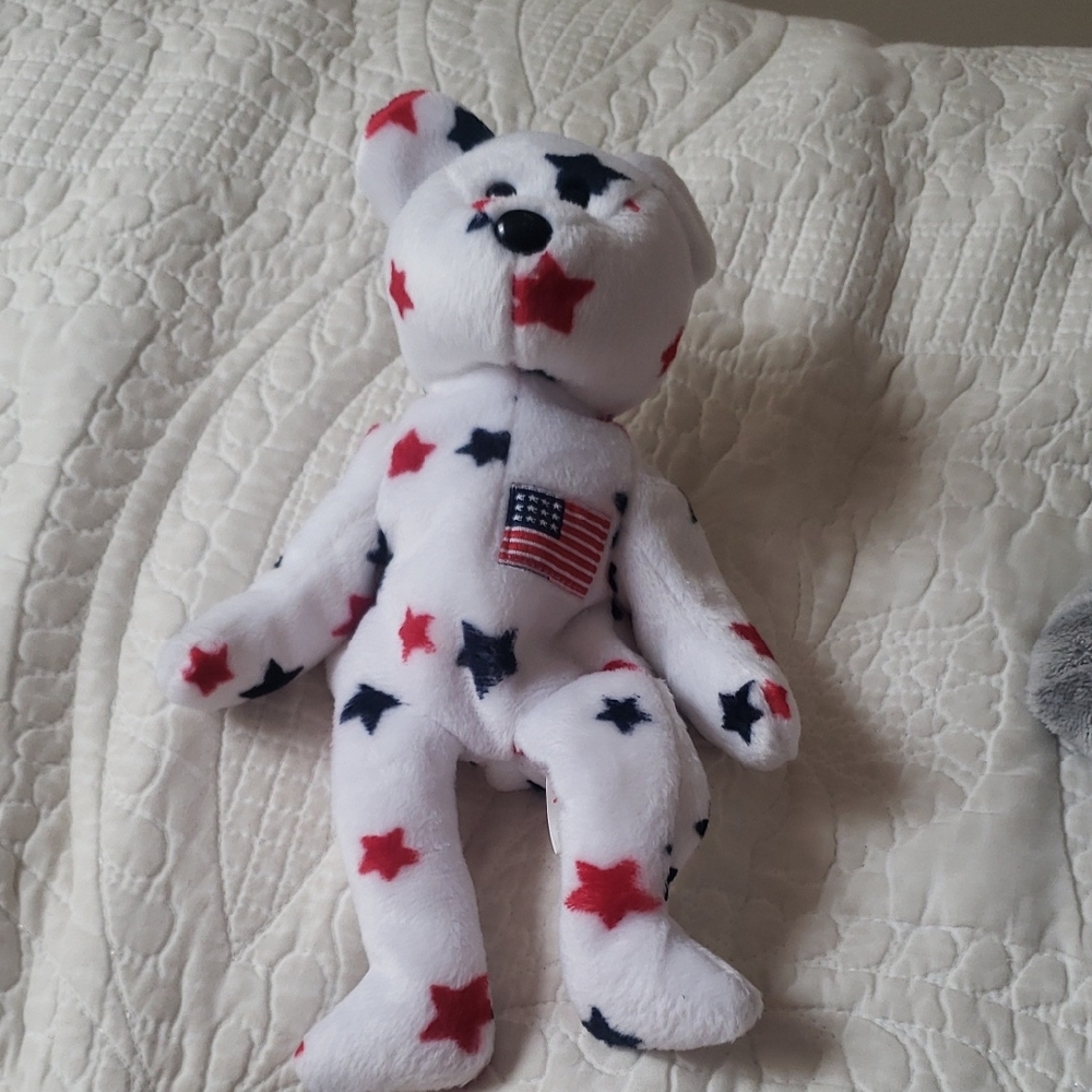 Ty White Stuffed Bear with Red and Blue Stars